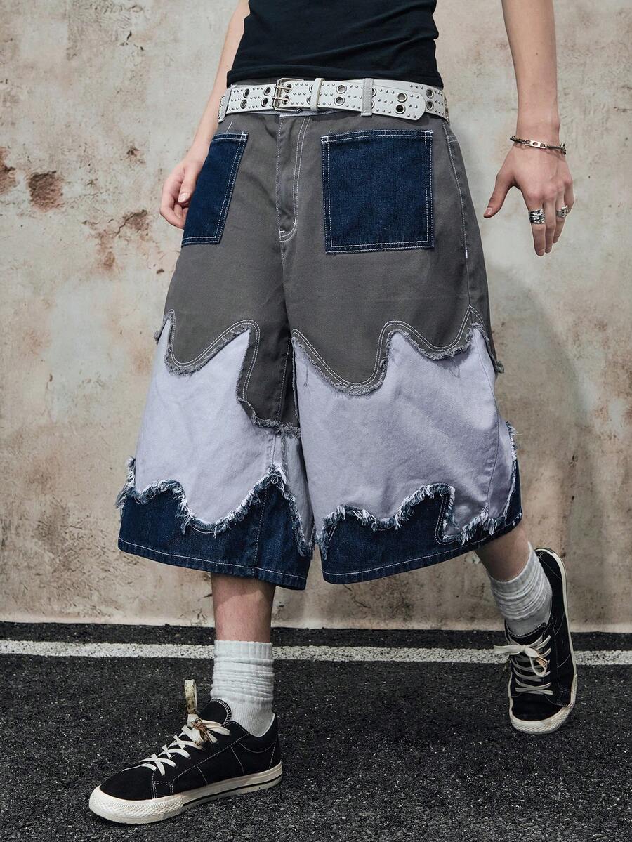 ROMWE MEN Street Life Men's Casual Patchwork Denim Shorts - Multicolor - View 1
