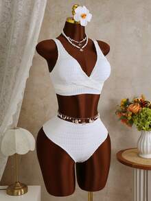 Swim Vcay Bộ đồ bơi nữ màu trắng ren, kiểu dáng chéo phía trước, cạp cao, thích hợp cho mùa hè. - trắng - Xem 6