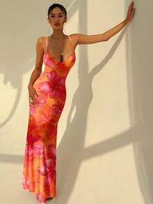 Aloruh 夏季度假吊带系带紧身性感橙色涂鸦印花连衣裙，适合夏季、海滩、夏威夷风情碎花等场合，也适合海滩、音乐节等场合。 - 橘色 - 查看 4