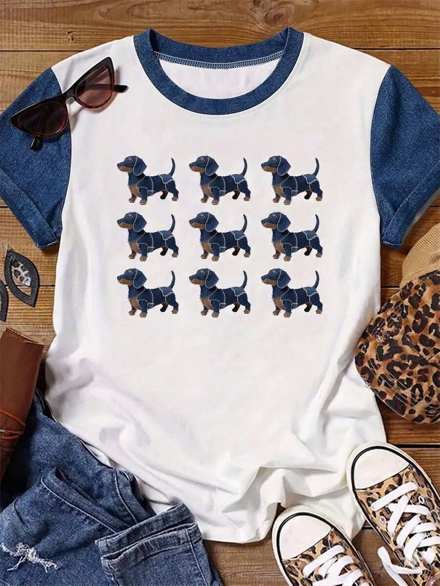 SHEIN LUNE Women's Short Sleeve Puppy Print Contrast Color Retro Sexy T-Shirt Golf White Summer - White - View 1