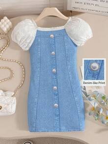 一件女童时尚纹理面料连衣裙，泡泡袖设计，牛仔印花修身款，适合日常穿着、度假和外出，春夏新款 - 藍色 - 查看 1