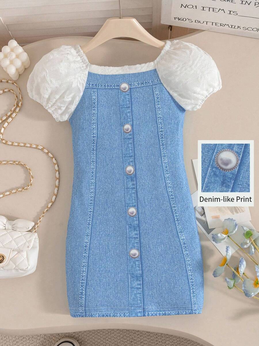 一件女童时尚纹理面料连衣裙，泡泡袖设计，牛仔印花修身款，适合日常穿着、度假和外出，春夏新款 - 藍色 - 查看 1