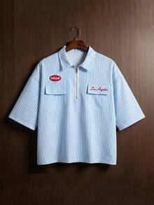 TOKVUE TOKUVE 男士休闲 Polo 衫，年轻时尚的拉链门襟 Polo 衫，简约休闲条纹面料，日常穿着，灵感源自 ，短袖翻领 T 恤/Polo 衫，适合音乐节、度假和日常穿搭，男士休闲衬衫，居家休闲，度假文化，可个性化定制，送给丈夫或男友的礼物 - 藍色 - 查看 2