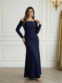 Modelyn 1 件女式不对称领口长袖褶皱长款派对礼服，时尚宴会派对除夕节社交名媛优雅礼服，婚礼宾客礼服，正式礼服，晚礼服 - 藏蓝色 - 查看 5