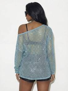 Femmeiva Hollow-Out Sequin Fashionable Pullover Sweater For Women - Baby Blue - View 2