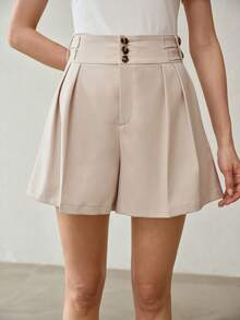MOTF PREMIUM WOMEN'S SUMMER SOLID COLOR HIGH WAIST PLEATED LOOSE SHORTS - Khaki - View 4