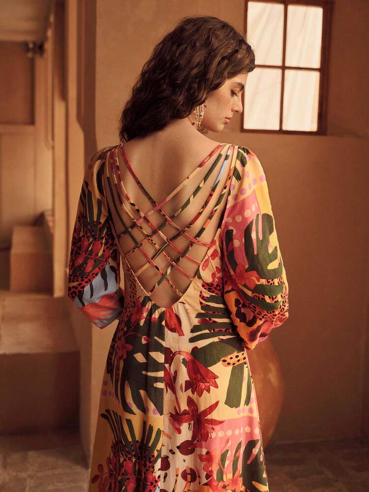 WOMEN'S LINEN PRINTED OPEN FRONT KNIT MAXI DRESS, VACATION