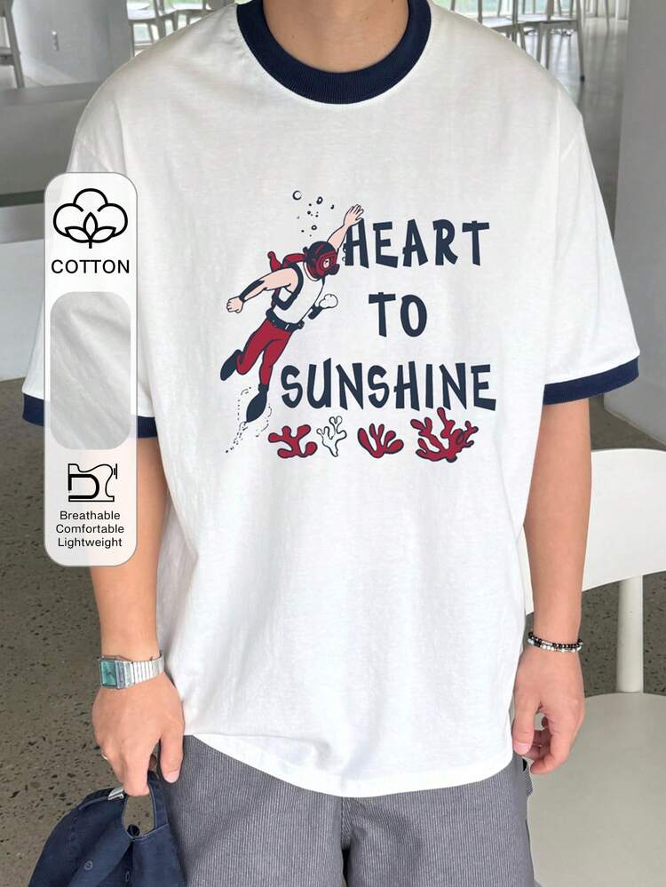 Men's Casual Letter Print White Round Neck Short Sleeve T-Shirt, Summer