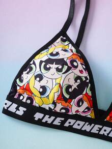 THE POWERPUFF GIRLS X SHEIN 女士时尚百搭卡通图案印花文胸内裤套装 - 黑色 - 查看 4