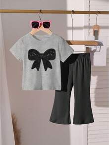 Bộ 2 món áo thun ngắn tay và quần ống loe cho bé gái, họa tiết nơ đính sequin thời trang, kiểu dáng thoải mái, phù hợp cho mùa xuân, hè, thu và đông. - Nhiều màu - Xem 2