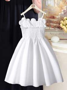 Vestido sin mangas con tirantes, blanco, dulce y elegante para niñas, con decoración de flores 3D y perlas, cintura ceñida, para fiesta de cumpleaños, para primavera/verano - Blanco - Ver 2