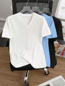 Plus Size Solid Color Minimalist V-Neck Short Sleeve T-Shirt - Multicolor - View 3