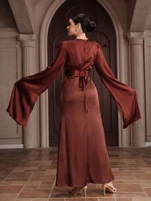 Graceveil Women's Elegant Luxurious Textured Pleated Shiny Fabric Slit Flowy Bishop Sleeve Round Neck Fitted Dress - Brown - View 2