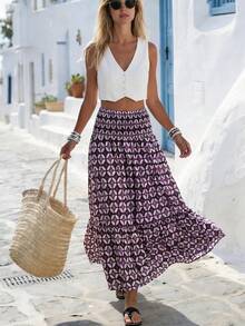 Selamara Women's Casual Geometric Print Drawstring Waist Skirt - Purple - View 1