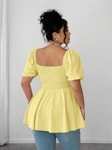 SHEIN Elenzya 大码时尚褶皱女式衬衫，方领优雅百搭修身时尚上衣 - 黃色 - 查看 2
