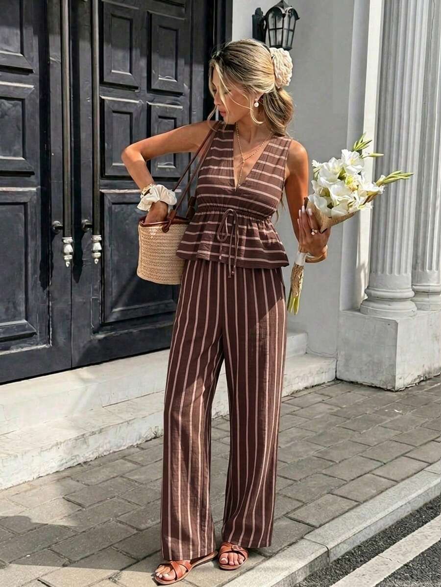Serisse 棕色条纹印花图案女士两件套，休闲度假风，适合春夏穿着 - 彩色 - 查看 1