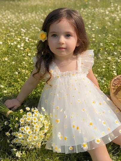 SHEIN Đầm mùa hè dễ thương, thanh lịch, họa tiết hoa, tay ngắn bằng vải lưới, dành cho bé gái.