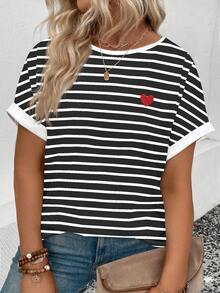 EMERY ROSE Women's Spring/Summer New Arrival Black And White Heart Print Round Neck Short Sleeve Casual 1920s Plus Size T-Shirt Back-To-School Graduation - Multicolor - View 1