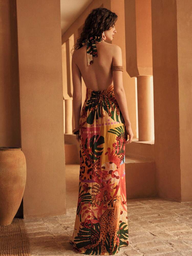 WOMEN'S LINEN PRINTED HALTER BACKLESS MAXI DRESS, VACATION