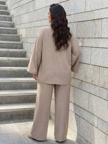 Auveirra 大码女式休闲两件套前系带长袖上衣和裤子套装，纯色牛仔蓝色大码女式两件套海滩装，适合女士商务休闲装 - 摩卡棕 - 查看 2