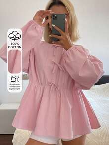 Women's Bow Tie Neck Loose Blouse - Pink - View 1