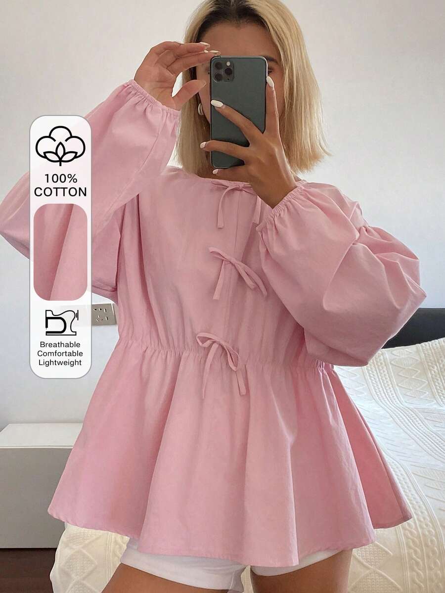Women's Bow Tie Neck Loose Blouse - Pink - View 1