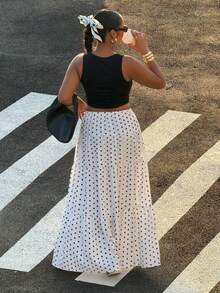 Muchica Plus Size Women Black & White Polka Dot Print Ruffle Hem Skirt - Black and White - View 2