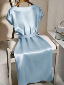 Qadelle Satin Shiny Pearl Decor Collar Short Sleeve Tie Waist Mid-Length Dress - Blue - View 2