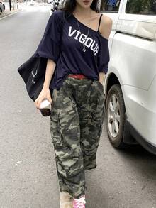 DAZY Letter Print Loose Asymmetrical Shoulder Short Sleeve Casual Summer Top T-Shirt For Women - Navy Blue - View 4