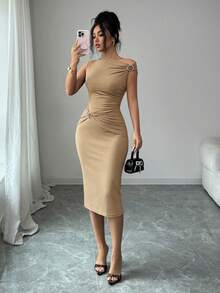 SHEIN Elenzya Asymmetric Neck Waist Cinched Ruffle Hem Elegant Romantic Metallic Decor Women Dress - Apricot - View 4