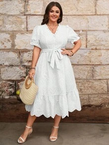 SHEIN Elenzya V-Neck + Puff Sleeve Cinched Waist + Flared Skirt Delicate Sweet Pink Hollow Waist Embroidered Fabric Plus Size Dress - White - View 5