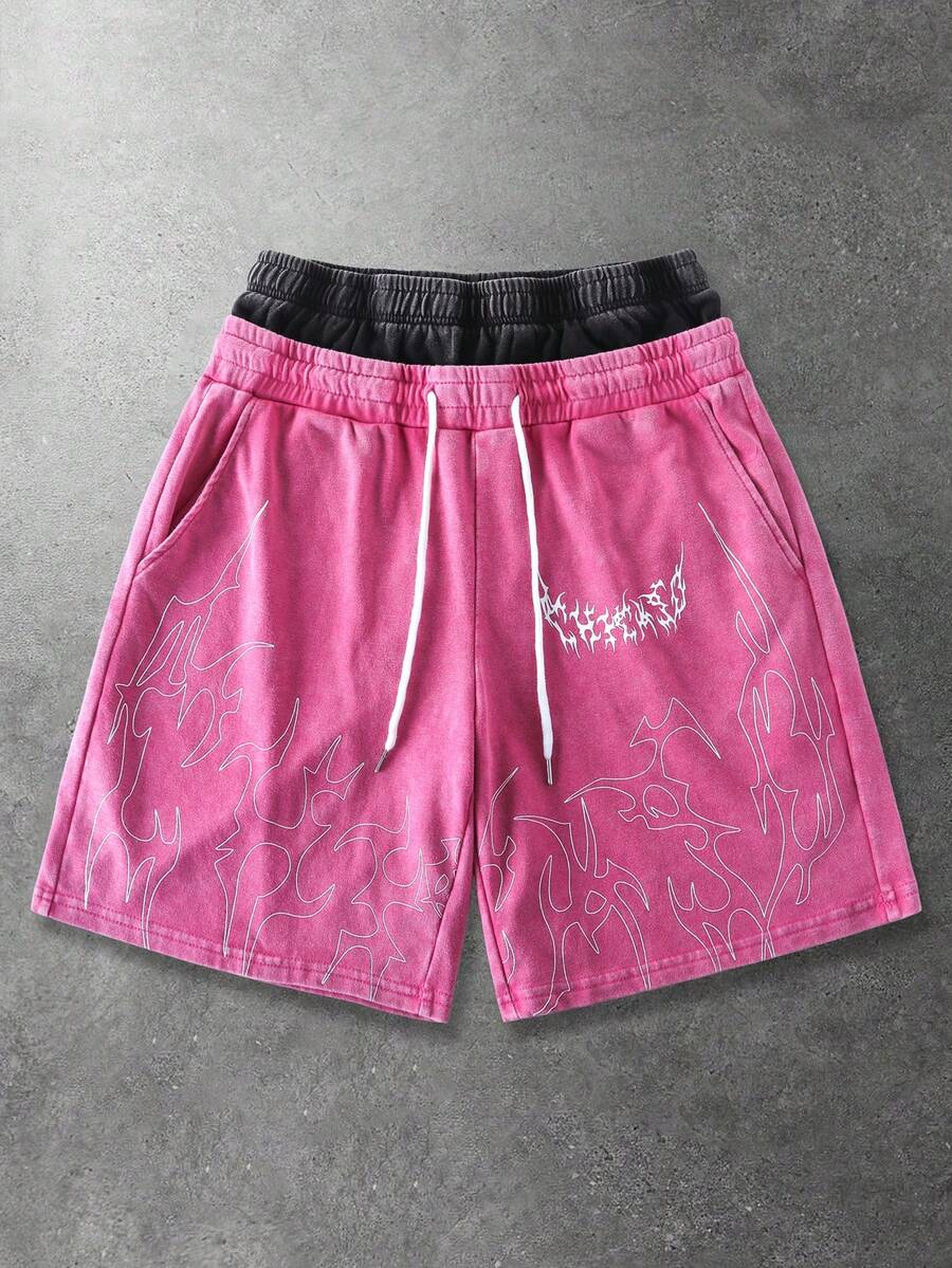 ROMWE MEN Street Life Pantalones cortos casuales para hombres con estampado de llamas, cintura con cordón, bolsillos y contraste de color - Rosa - Ver 1