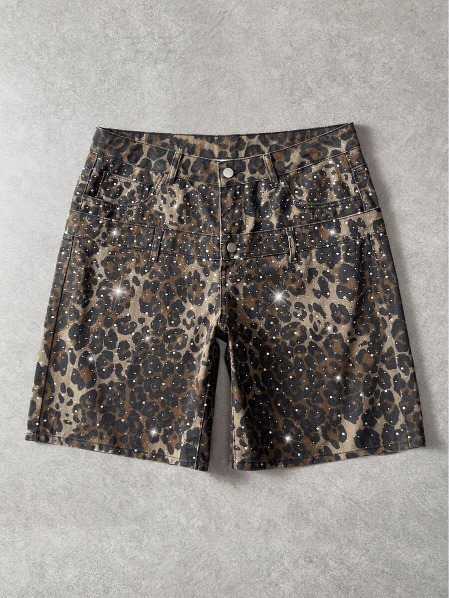 ROMWE MEN Street Life Men's Rhinestone Embellished Leopard Print Denim Shorts - Multicolor - View 1