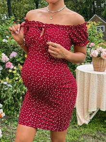 SHEIN 孕妇极简印花露肩连衣裙 - 藍色 - 查看 7