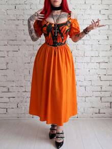 Whyspr Plus Size Punk Style Orange Patchwork Off-Shoulder Petal Sleeve Mini Dress, Spring/Summer - Orange - View 8