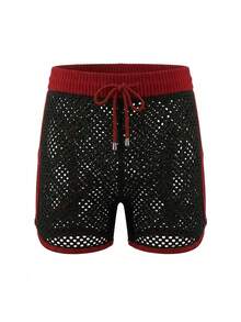Manfinity Swimmode Men's Contrast Color Hollow Out Breathable Minimalist Shorts Summeroutfit Crochet Shorts Men Japanese Design Men Beach Shorts Knit Two Pieces Set Men Shorts Comfy Beach Shorts For Men Summer Shorts For Women Knitted Shorts Ribbed Shorts Shorts For Men Casual Women's Shorts Summer Holiday / Vacation / Beach / Hawaii / Tropical / Swim /  Bathing Black Cover Up Shorts Fish Net Shorts Workout Sets Women Short - Black - View 3