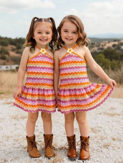 SHEIN Vestido casual minimalista y cómodo para bebé niña con decoración floral 3D a rayas y escote de halter