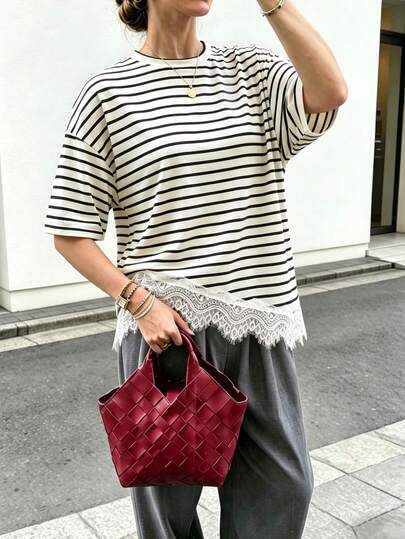 SHEIN PETITE Women's New Asymmetric Lace Patchwork Fitted Short Sleeve T-Shirt, Spring/Summer