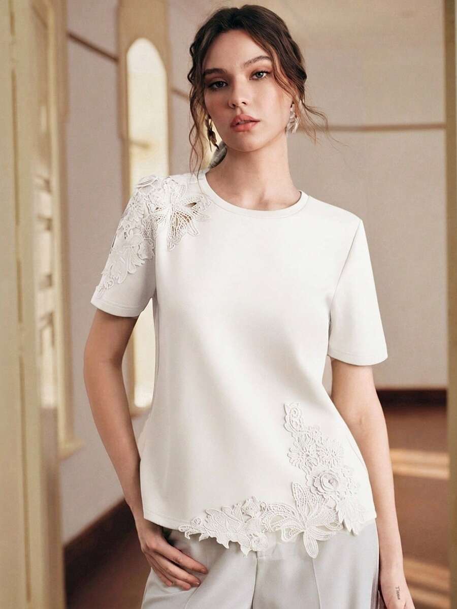 Anewsta Kaos Rajut Lengan Pendek Hijau dengan Hiasan Renda dan Desain Bunga Bordir 3D, Atasan Wanita Musim Semi/Panas - Putih - View 1