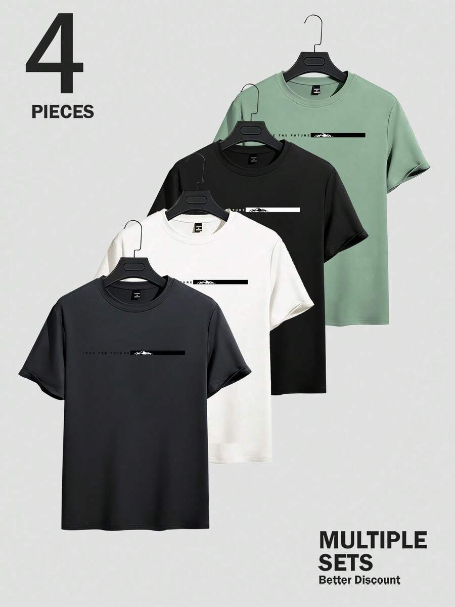 Chillumni 4pcs/Set Men's Minimalist Round Neck T-Shirts - Multicolor - View 1