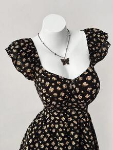 Plus Size Women Casual/Holiday V-Neck Cap Sleeve Cinched Waist Double Layered Hem Mini Dress, Summer - Black - View 4