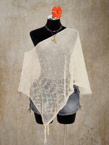 SHEIN ICON Plus Size Women Loose Fit Asymmetrical Shoulder Fringe Knit Sweater - Apricot - View 1
