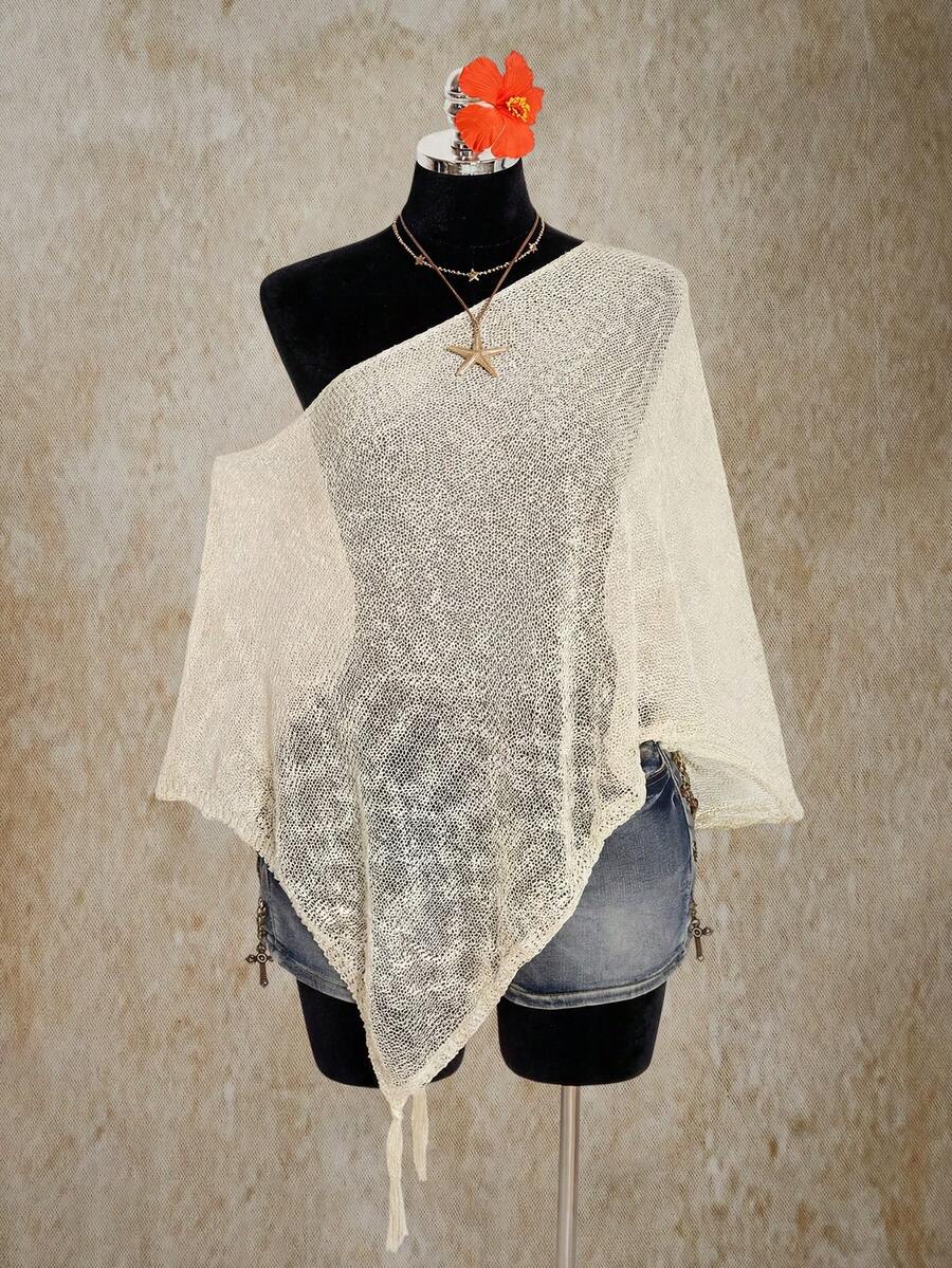 SHEIN ICON Plus Size Women Loose Fit Asymmetrical Shoulder Fringe Knit Sweater - Apricot - View 1
