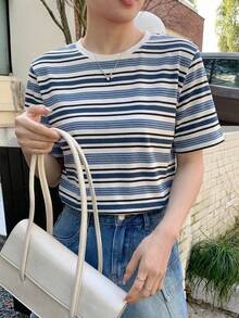 DAZY 女款休閒條紋圓領短袖T恤，夏季圖案印花上衣 - 藍色 - 查看 6