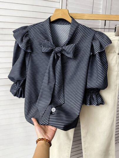 Airaco Blusa de moda casual de mujer con rayas, lazo, botones y puños con volantes