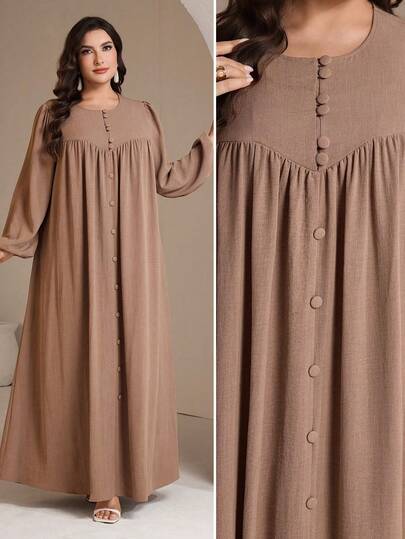 Veilorie Women Plus Size Elegant Solid Color Pleated Loose Buttoned Decorated Dress