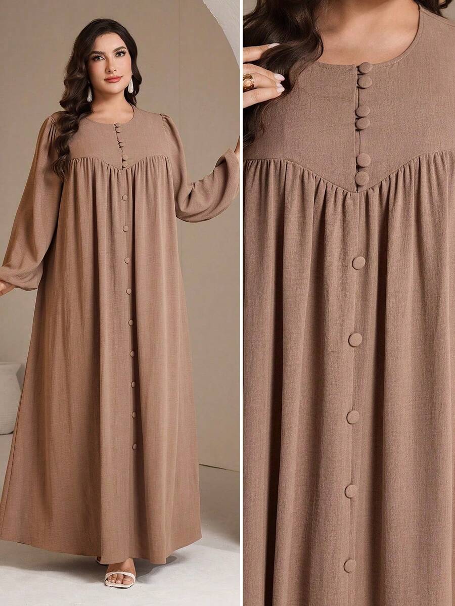 Veilorie Women Plus Size Elegant Solid Color Pleated Loose Buttoned Decorated Dress Fall