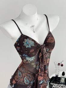 Women's High Elasticity Mesh Printed Sexy Lace-Up Camisole - Brown - View 3