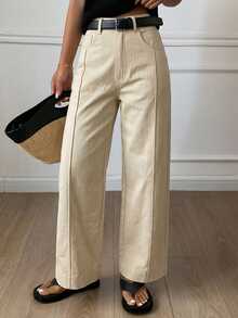 Women's Loose-Fitting Flared Pants With Pockets, Casual Solid Color Street Style Pants For Autumn - 貝斯 - 查看 3