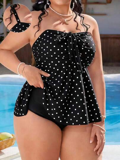 Swim Mod 黑白波点荷叶边半裙，可爱大码吊带泳衣